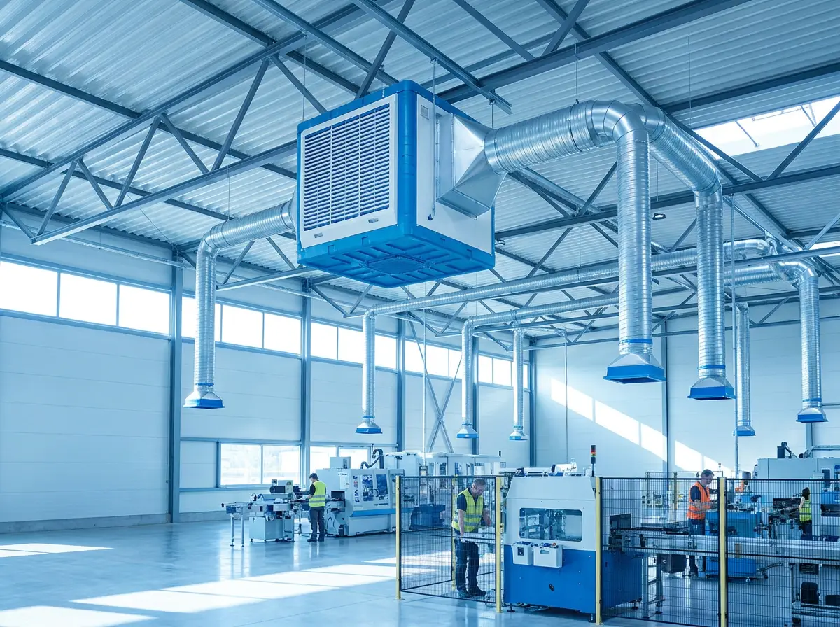 Climatizador de teto industrial instalado em galpão